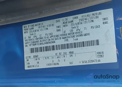 2020 Ford Transit-250 из США, поврежденный, VIN 1FTBR1C8XLKB56366